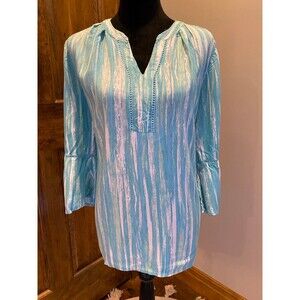 Gloria Vanderbilt Green & White Large Striped  Boho Peasant  Bell Sleeve Blouse‎
